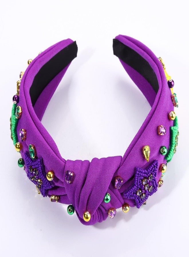 MOLOCH Mardi Gras Headband for Women Beaded Purple Yellow Green Stars Knotted Headband Carnival Jeweled Crystal Top Knot Hairband Fat Tuesday Hair Accessories Gifts - Image 4